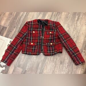 SHEIN Tweed Cropped Blazer Red Plaid Gold Button Jacket Size M